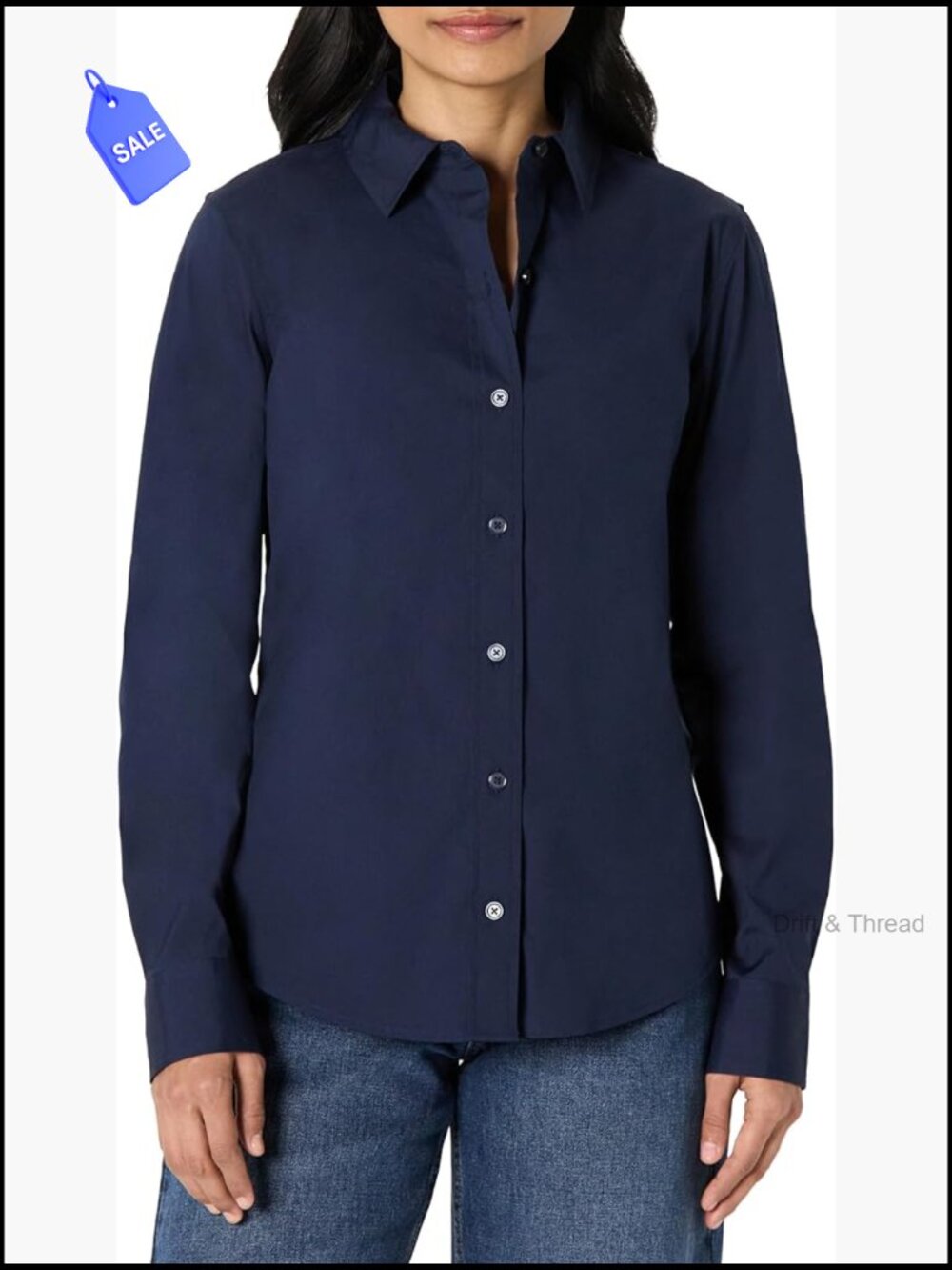 Womens Regular Fit Stretch Poplin Button Up Dress Shirt Long Sleeve Navy